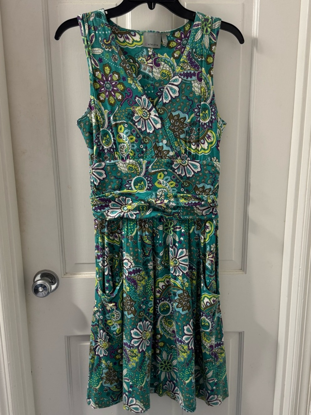 Athleta “Juru”teal paisley cotton knit dress, sleeveless - Small